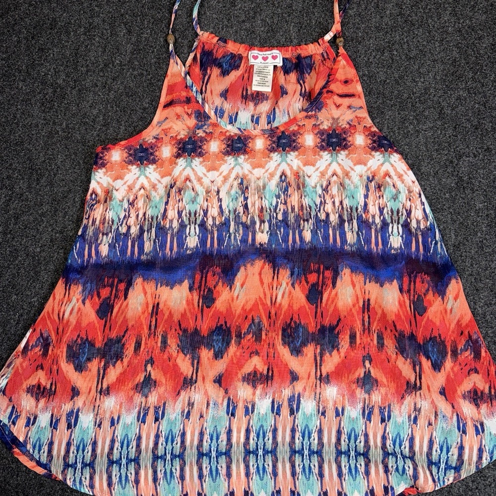 Three Pink Hearts Trixxi Women's Medium Abstract Print Tank Top Beaded Straps